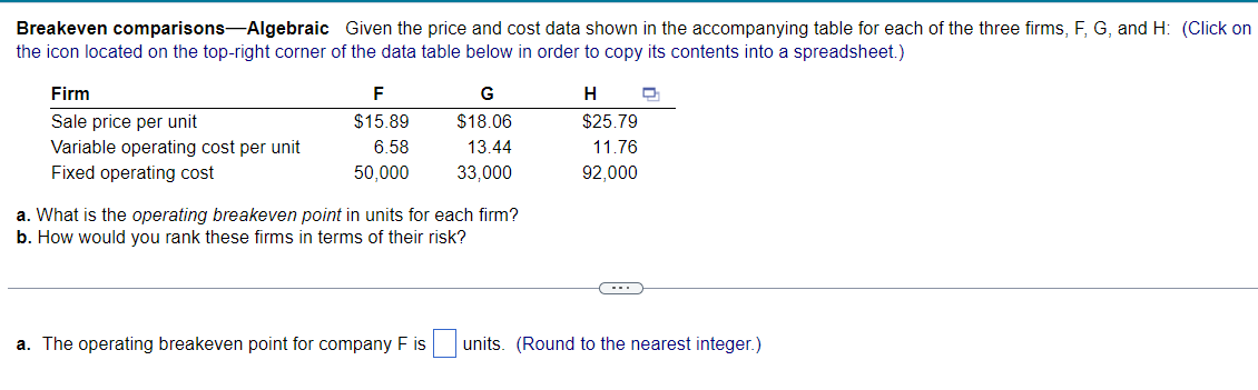 Solved Breakeven comparisons-Algebraic Given the price and | Chegg.com