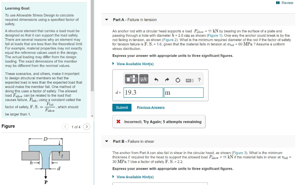 Solved A Review Learning Goal: To use Allowable Stress | Chegg.com