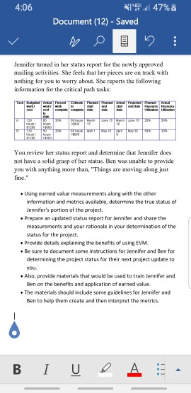 NI 47% & 4:06 document (12) - saved jennifer turned in her status report for the newly approved mailing activities. she feels