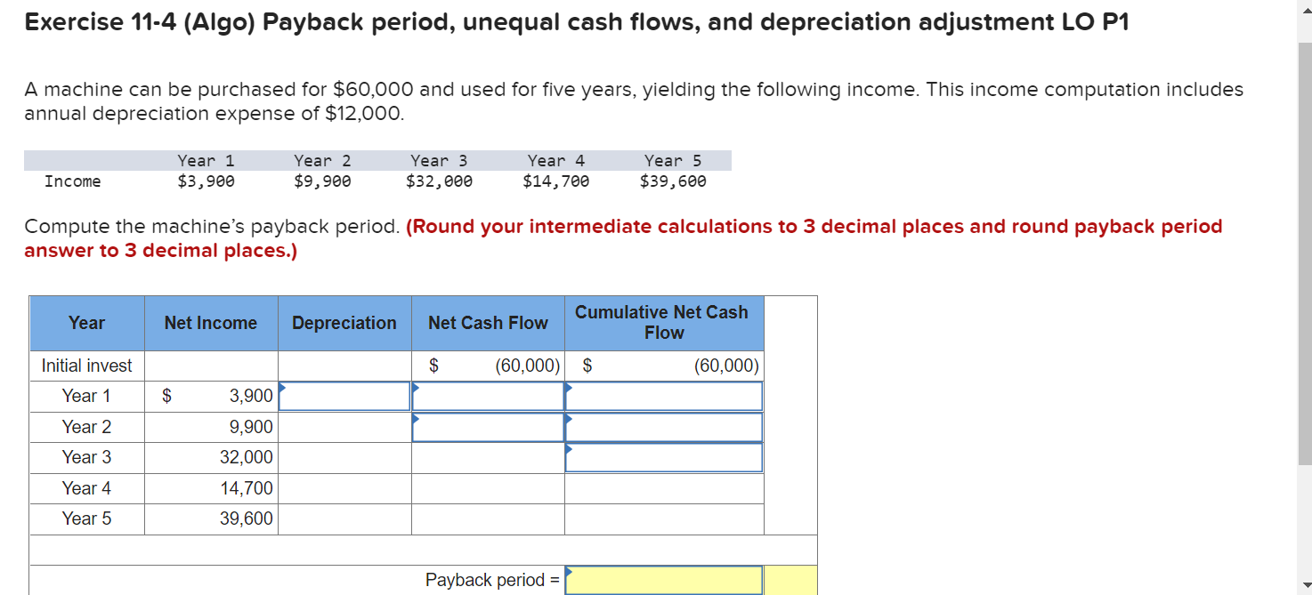 Solved Exercise 11-4 (Algo) Payback period, unequal cash | Chegg.com