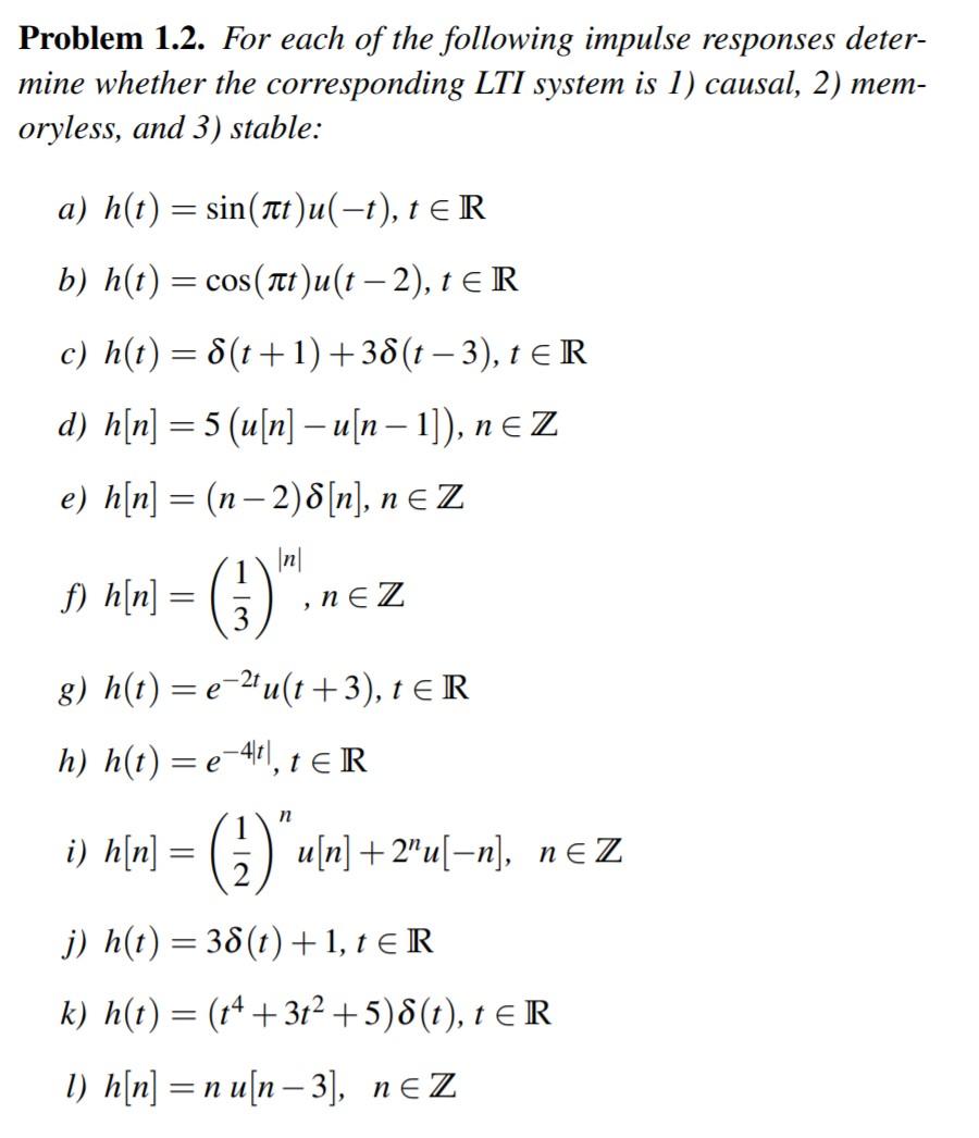 Solved Problem 1.2. For each of the following impulse | Chegg.com