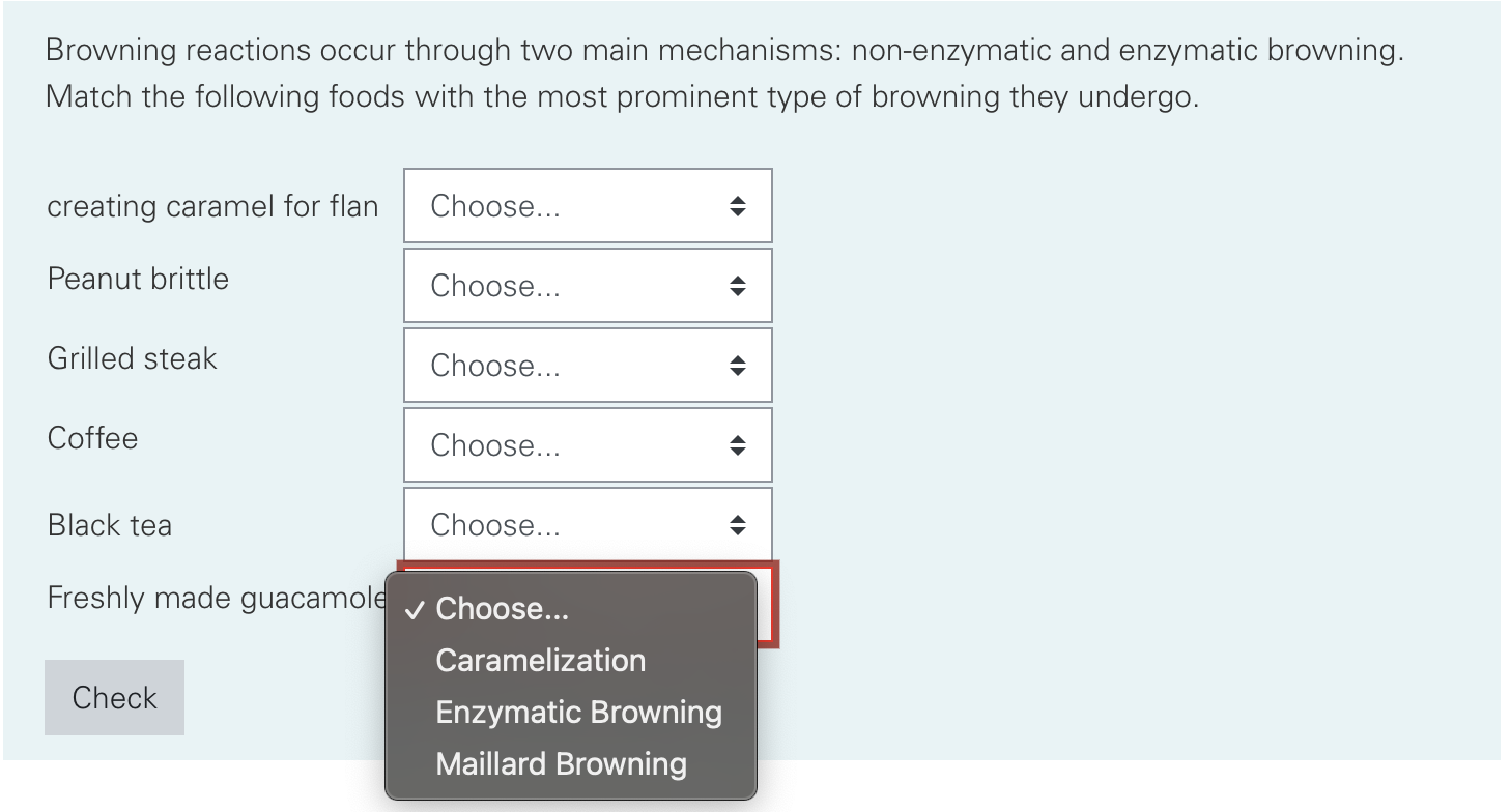 Browning reactions occur through two main mechanisms: non-enzymatic and enzymatic browning. Match the following foods with th