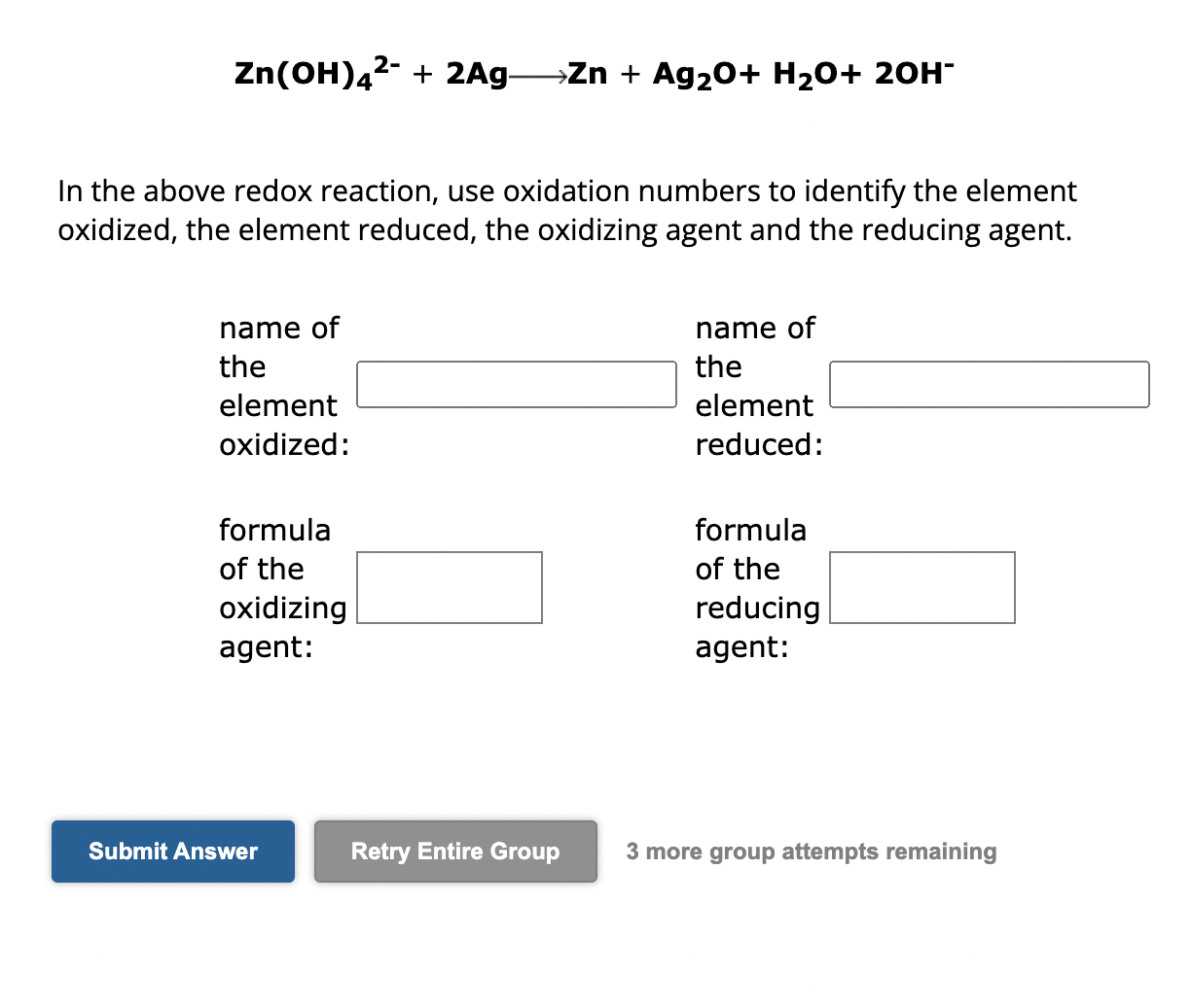 Solved Zn(OH)42−+2Ag Zn+Ag2O+H2O+2OH− In the above redox | Chegg.com