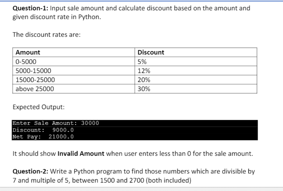 Solved Question 1 Input Sale Amount And Calculate Discount Chegg Com