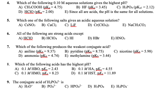 Solved Which Of The Following 0.10 M Aqueous Solutions Gives 