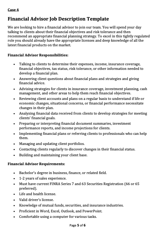 Solved Case 4 Financial Advisor Job Description Template We | Chegg.com