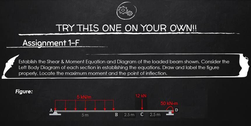 Assignment 1-F
TRY THIS ONE ON YOUR OWN!!
Establish the Shear & Moment Equation and Diagram of the loaded beam shown. Conside