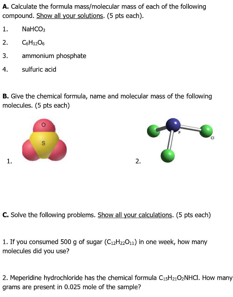 Solved A Calculate The Formula Massmolecular Mass Of Each 1755