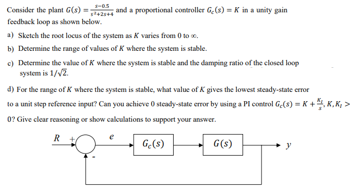 Consider the plant 𝐺(𝑠) = 𝑠−0.5 𝑠^2+2𝑠+4 and a | Chegg.com
