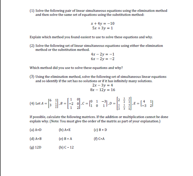 Solved (1) Solve the following pair of linear simultaneous | Chegg.com