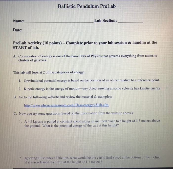 Solved Ballistic Pendulum PreLab Name: Lab Section: Date: | Chegg.com