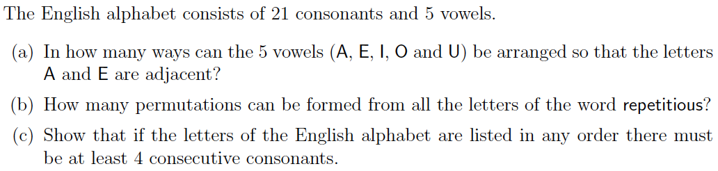 Solved The English alphabet consists of 21 consonants and 5 | Chegg.com