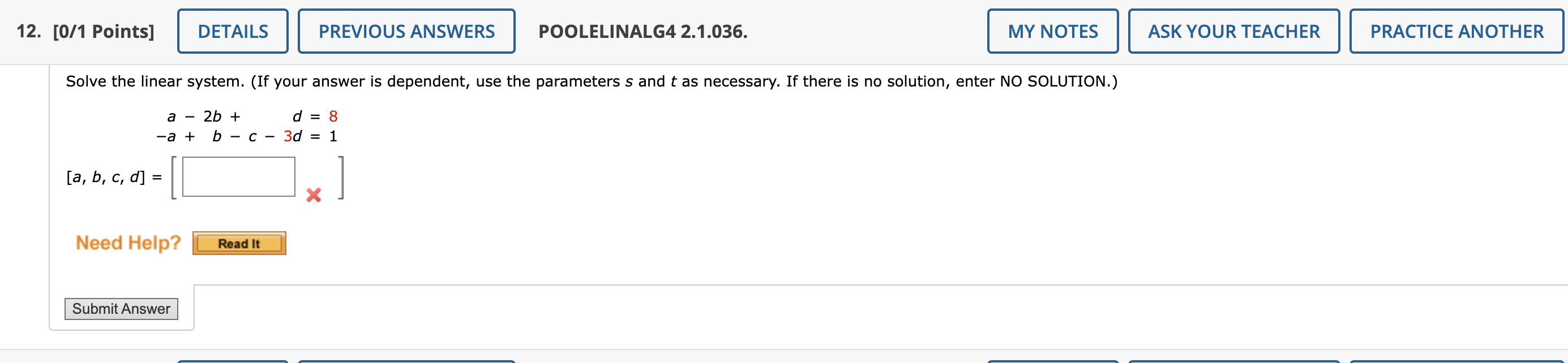 Solved a−2b+d=8−a+b−c−3d=1 | Chegg.com