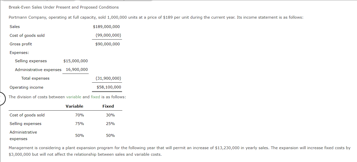 Solved BreakEven Sales Under Present and Proposed