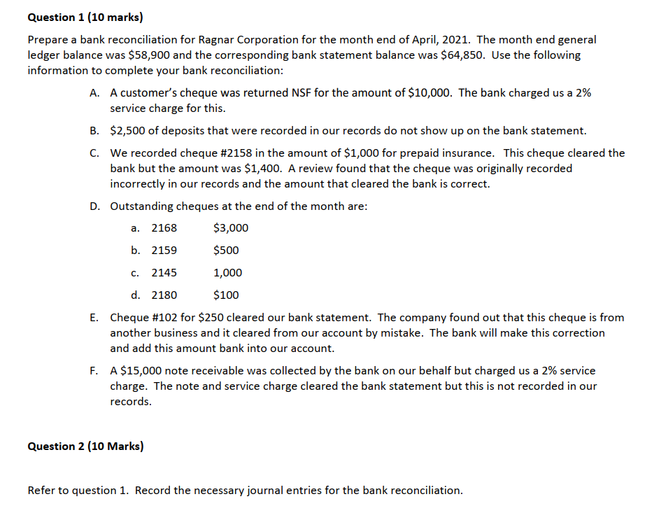 Solved Question 1 (10 ﻿marks)Prepare A Bank Reconciliation | Chegg.com