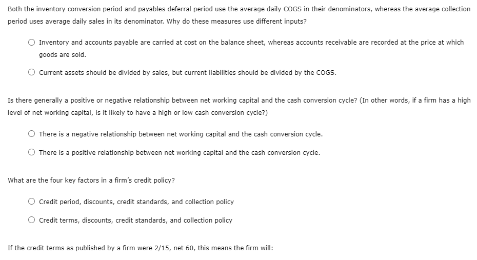 Solved Both The Inventory Conversion Period And Payables Chegg