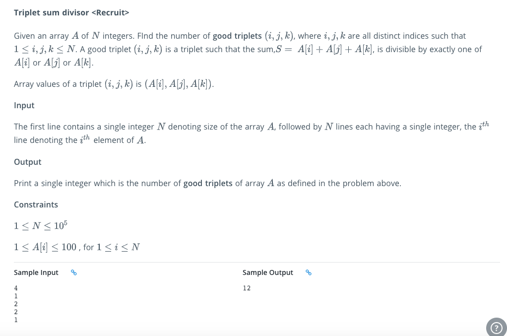 Solved Triplet sum divisor Given an array A of N integers. | Chegg.com