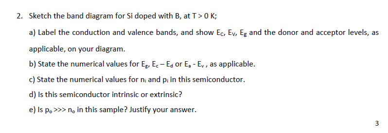 Solved 2. Sketch the band diagram for Si doped with B, at | Chegg.com