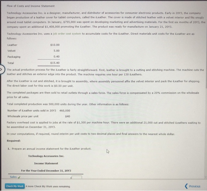 Solved Flow of Costs and Statement Technology
