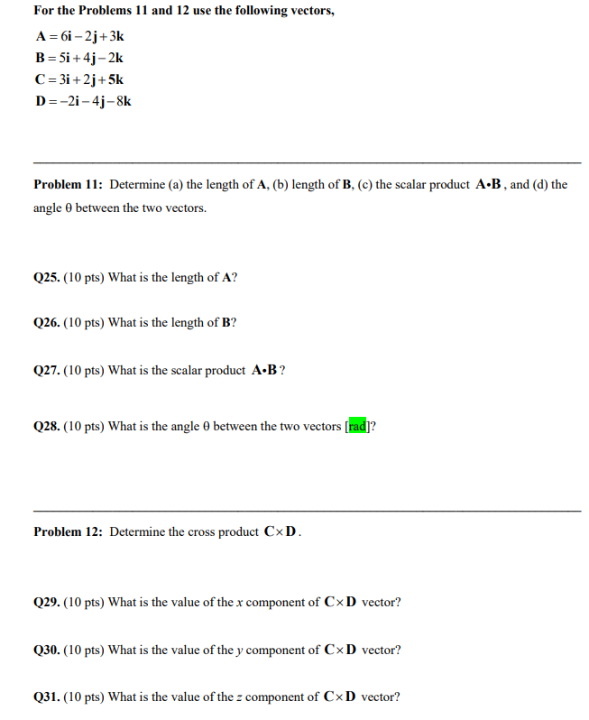 Solved For the Problems 11 and 12 use the following vectors | Chegg.com