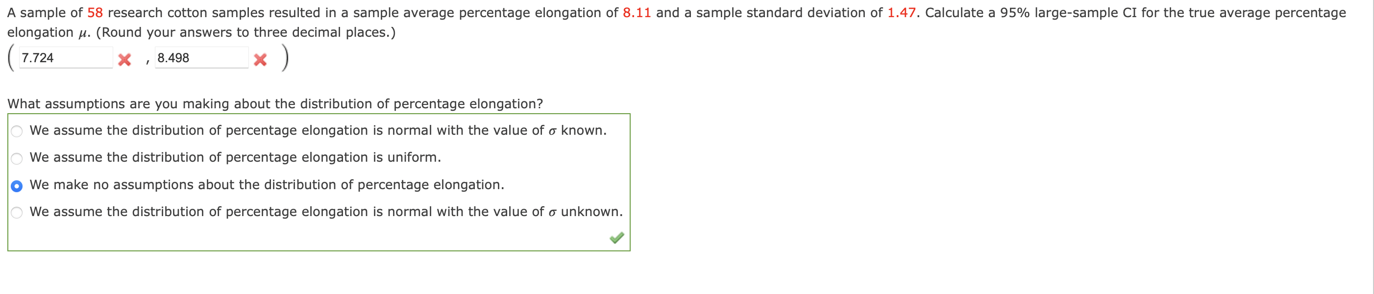 Solved A sample of 58 research cotton samples resulted in a | Chegg.com