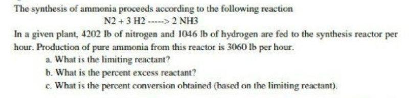 Solved The synthesis of ammonia proceeds according to the | Chegg.com