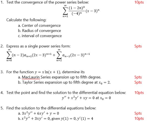 1. Test the convergence of the power series below:
10
\[
\sum_{n=1}^{\infty} \frac{(1-2 n)^{3}}{(-4)^{n}}(x-3)^{n}
\]
Calcula