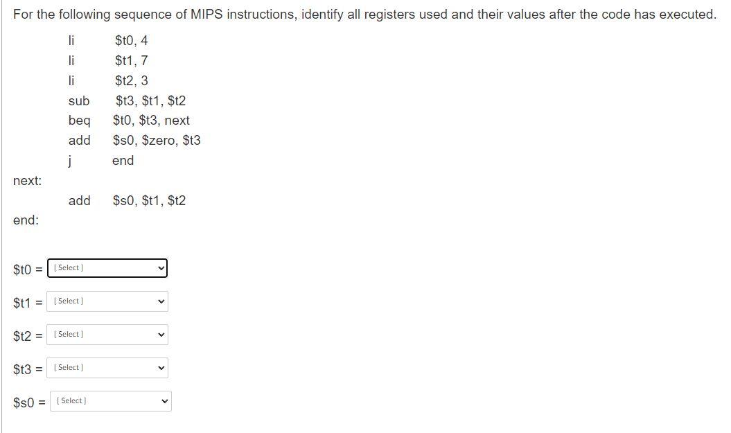 For The Following Sequence Of MIPS Instructions, | Chegg.com