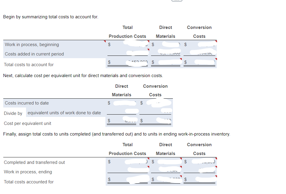 Solved Summarize total costs to account​ for, calculate cost 