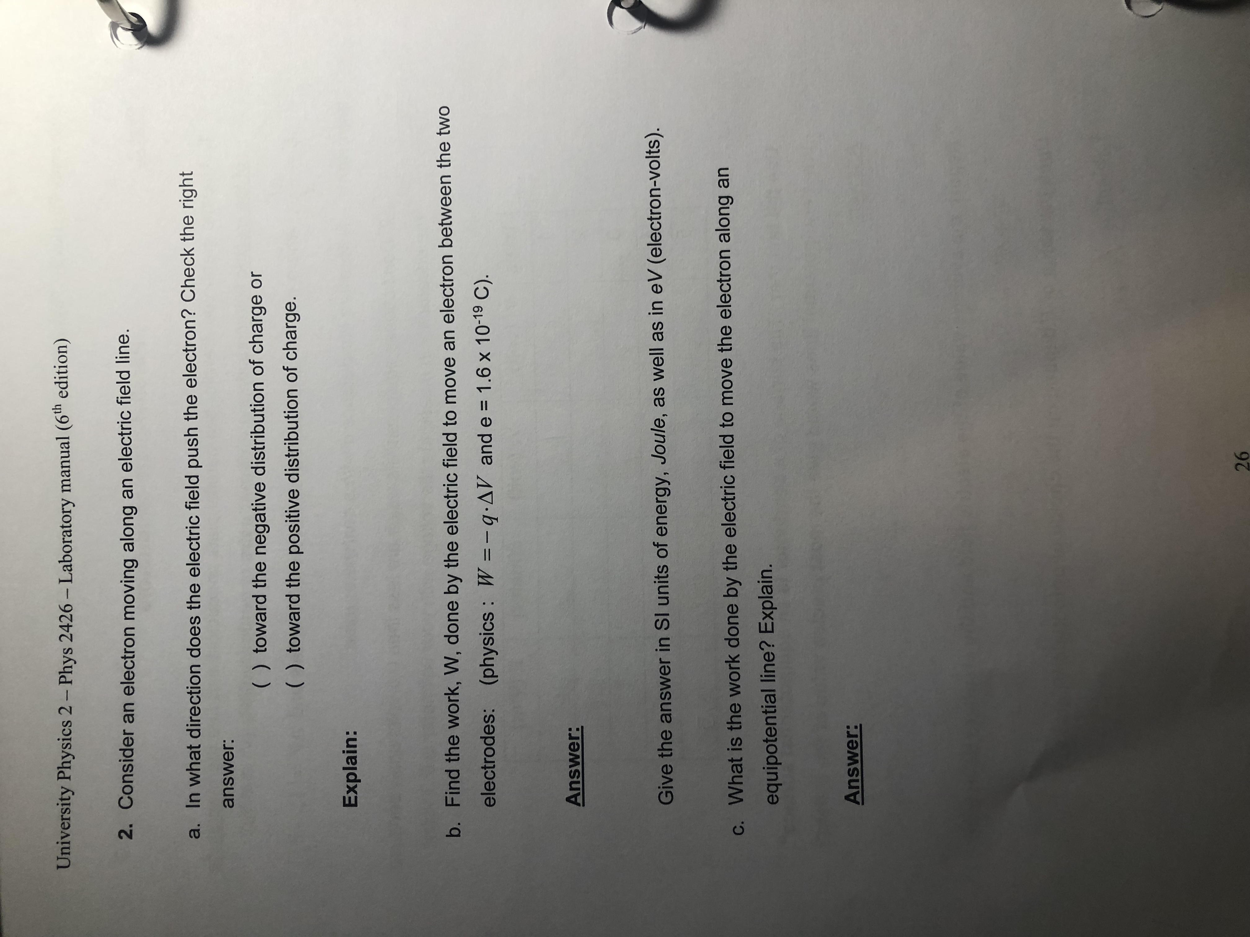 Solved b. Find the work, W, done by the electric field to