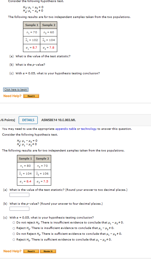 Solved H0:μ1−μ2=0H2:μ1−μ2 =0 The following results are for | Chegg.com