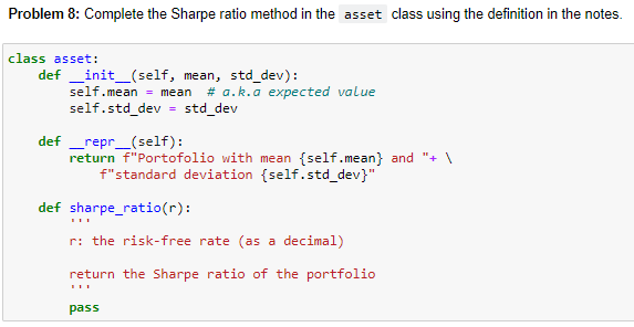 Solved Problem 8: Complete the Sharpe ratio method in the | Chegg.com