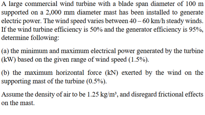 Solved A large commercial wind turbine with a blade span | Chegg.com