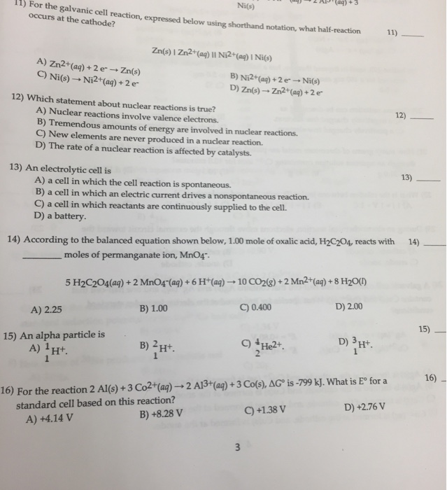 Solved Ni(s) 11) For the galvanic cell reaction, expressed | Chegg.com