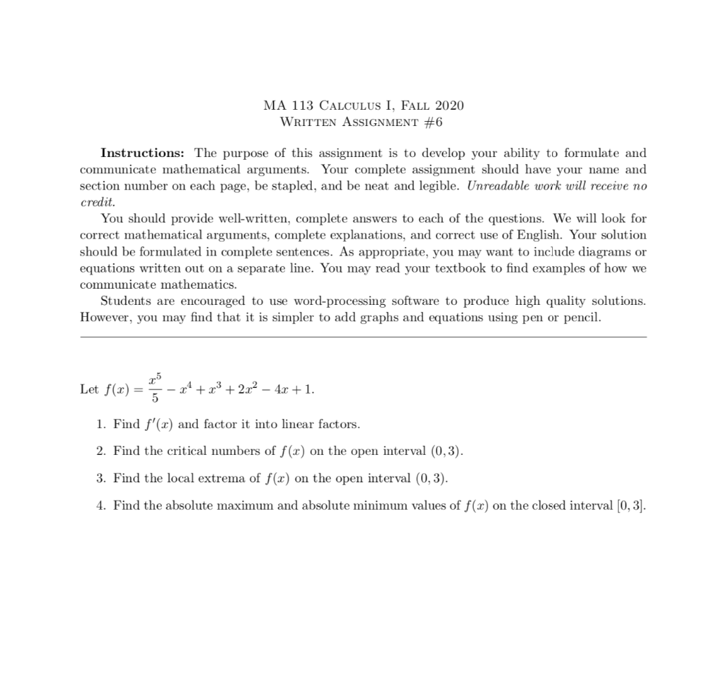 Solved Ma 113 Calculus I Fall Written Assignment 6 Chegg Com