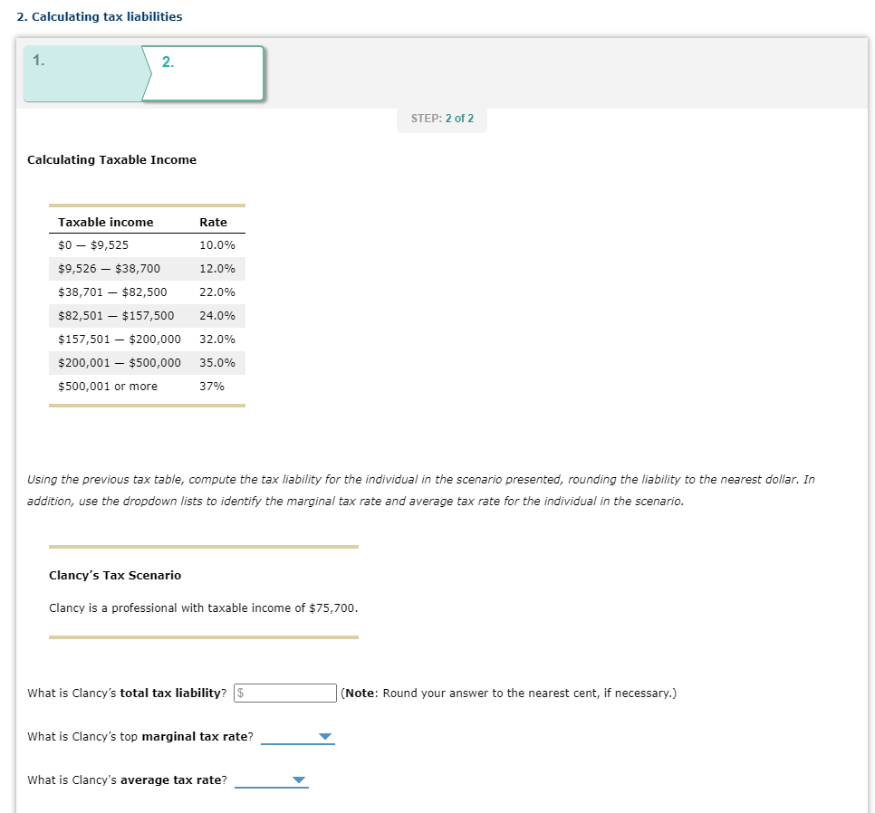 Solved 2. Calculating Tax Liabilities 1. 2. STEP: 2 Of 2 | Chegg.com