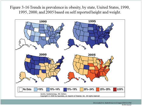 Figure 3-16 Trends in prevalence in obesity, by state, United States, 1990, 1995, 2000, and 2005 based on self reported heigh