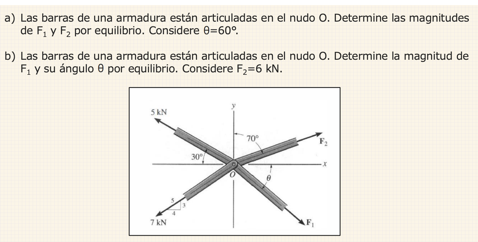 a) Las barras de una armadura están articuladas en el nudo 0 . Determine las magnitudes de \( F_{1} \) y \( F_{2} \) por equi