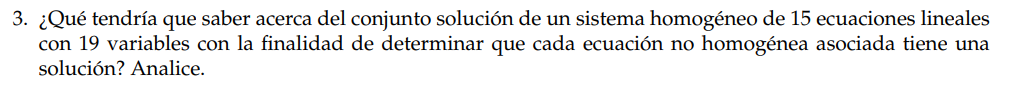 3. ¿Qué tendría que saber acerca del conjunto solución de un sistema homogéneo de 15 ecuaciones lineales con 19 variables con