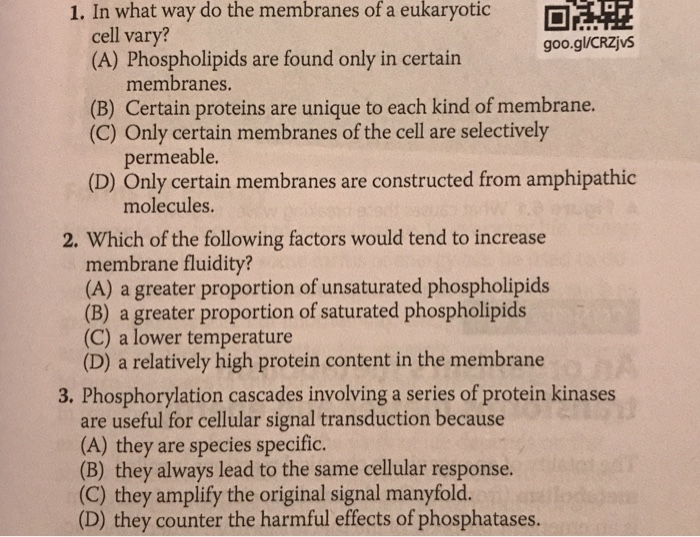 Solved 1. In what way do the membranes of eukaryotic a cell | Chegg.com