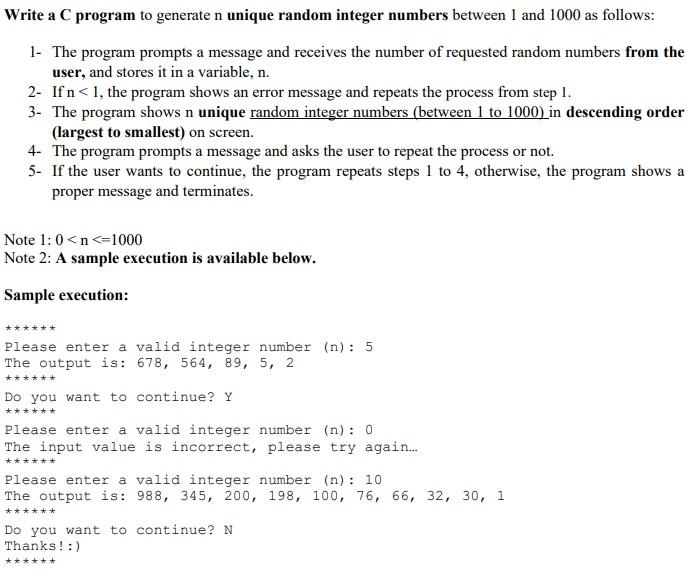 Solved Write a C program to generate n unique random integer | Chegg.com