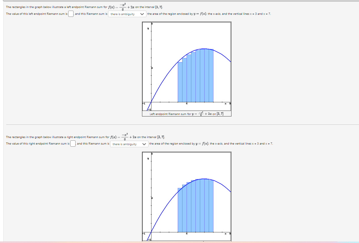 The rectangles in the graph below illustrate a left endpoint Riemann sum for \( f(x)-\frac{-x^{2}}{6}+2 x \) on the interval 