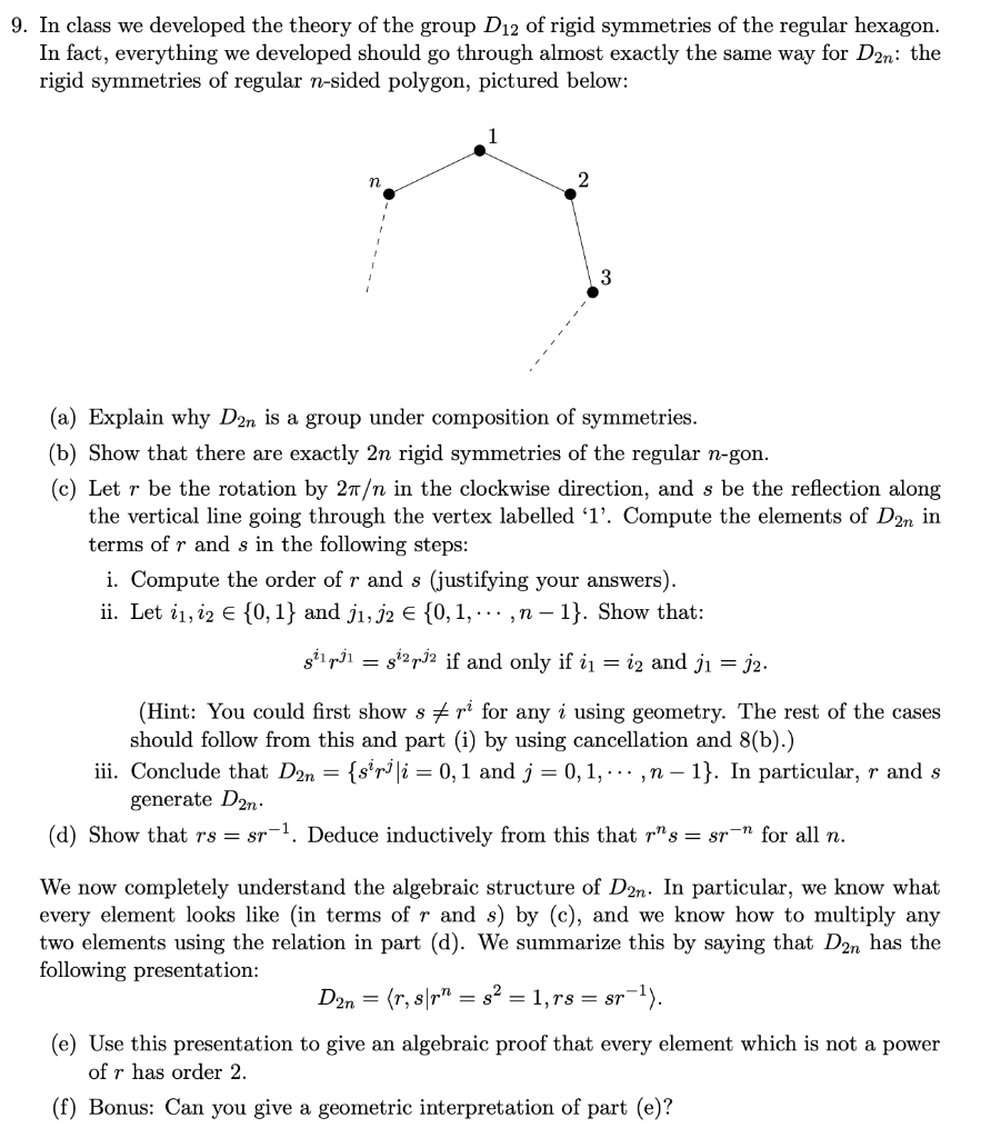 9 In Class We Developed The Theory Of The Group D12 Chegg Com