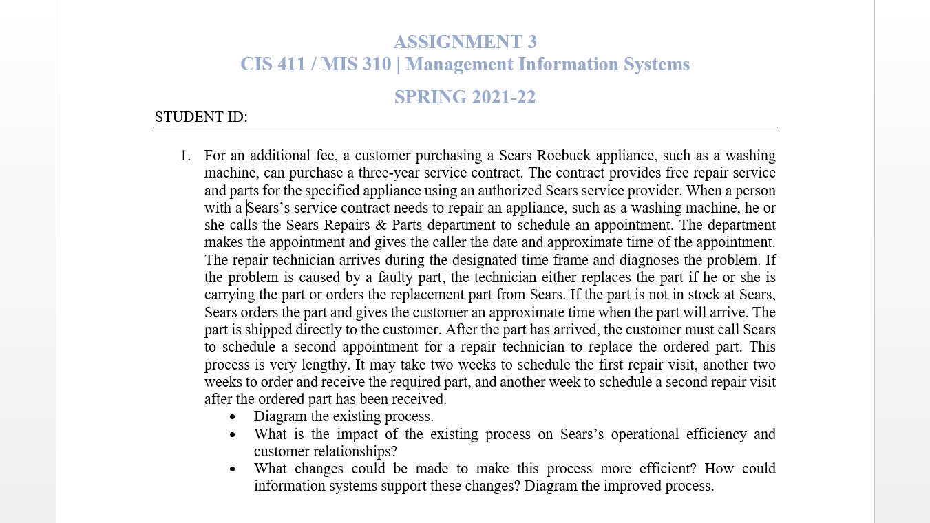 Solved ASSIGNMENT 3 CIS 411 / MIS 310 | Management | Chegg.com