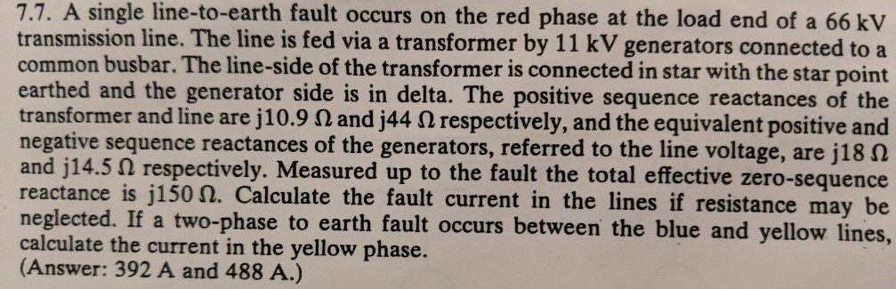 Solved 7.7. A single line-to-earth fault occurs on the red | Chegg.com
