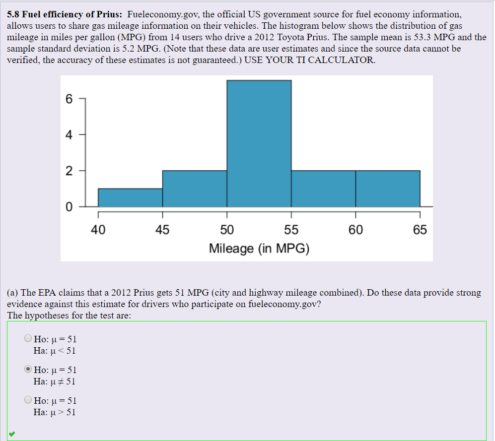 Solved 5.8 Fuel efficiency of Prius Fueleconomy.gov, the
