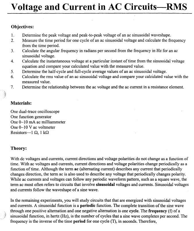Solved Voltage and Current in AC Circuits—RMS Objectives: 1. | Chegg.com