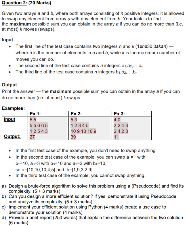 Solved Question 2: (20 Marks) Given two arrays a and b, | Chegg.com