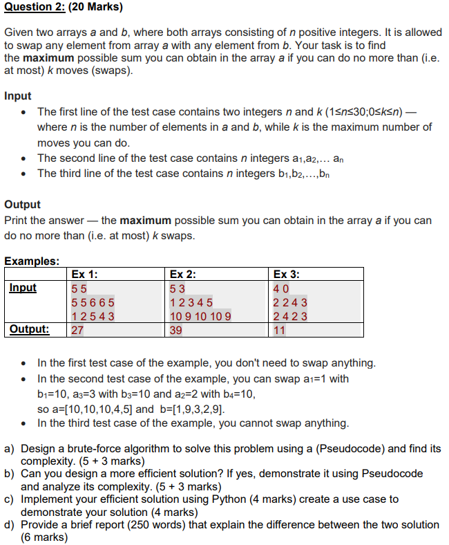 Solved Question 2: (20 Marks) Given Two Arrays A And B, | Chegg.com