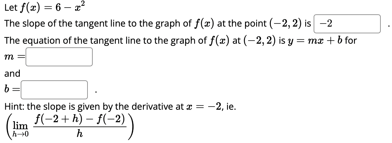 Solved Let f(x)=6−x2 The slope of the tangent line to the | Chegg.com